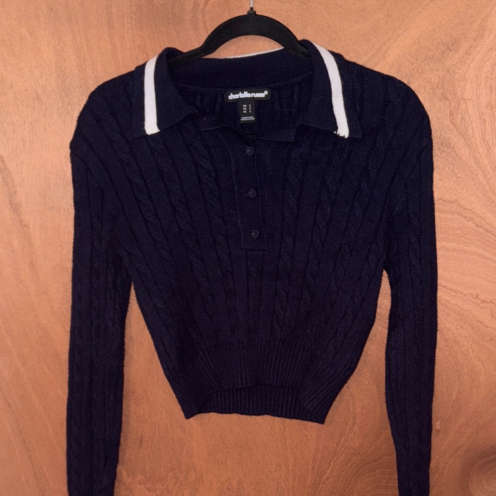 Charlotte Russe Navy Cable Knit Polo Sweater